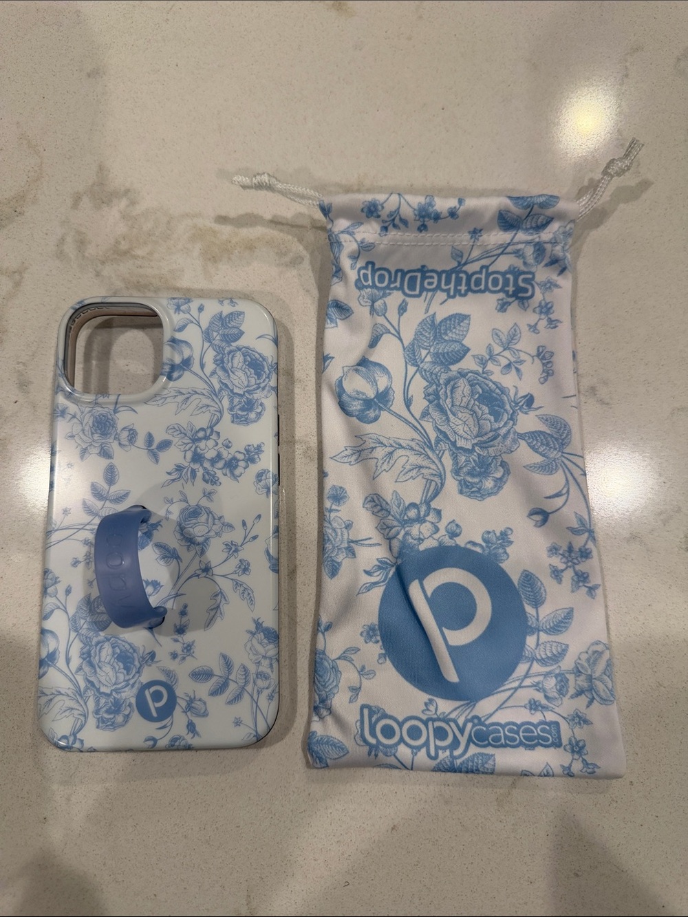 Loopy Case Blue Floral iPhone Case with Loop Grip and Matching Pouch